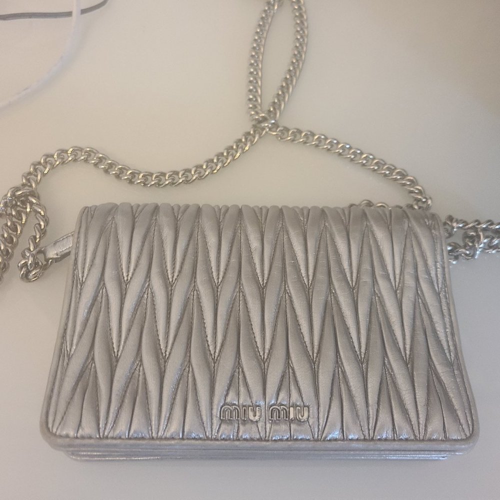 Miu Miu Wallet Chain Crossbody Evening Bag Silver
